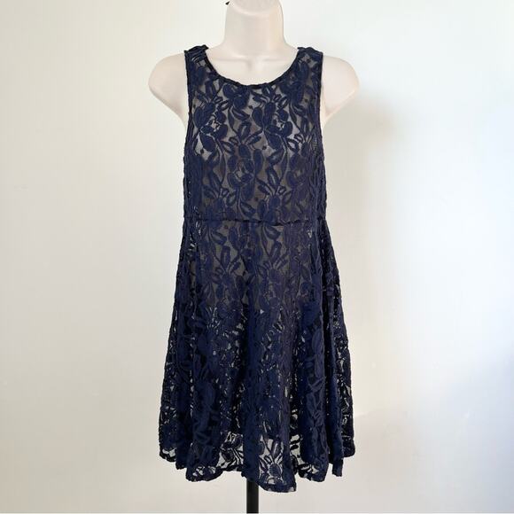 Vintage Free People Lace Dress Blue Size‎ XS Floral Lace Sheer Coverup - Picture 1 of 8